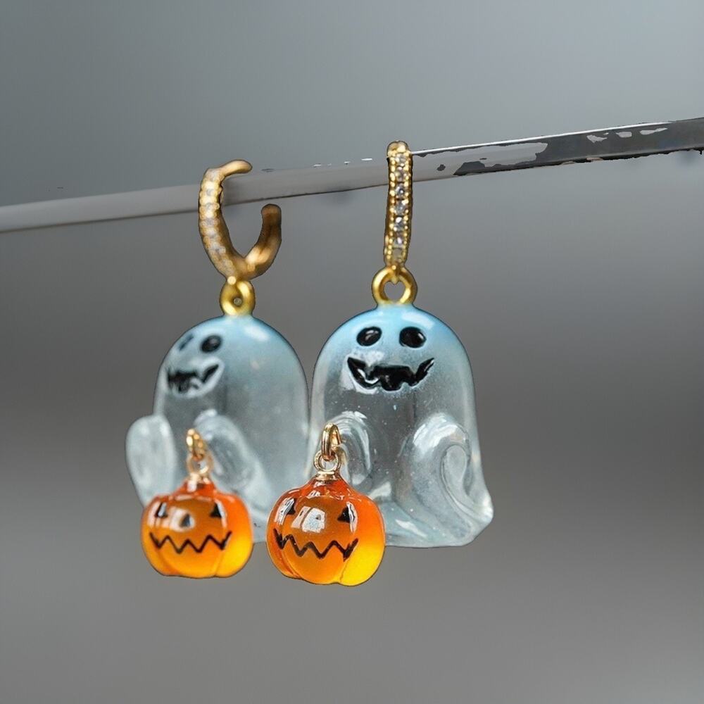 Gold Tone Drop Earrings Ghost Pumpkin Crystal Hook Dangle Party Women Jewelry